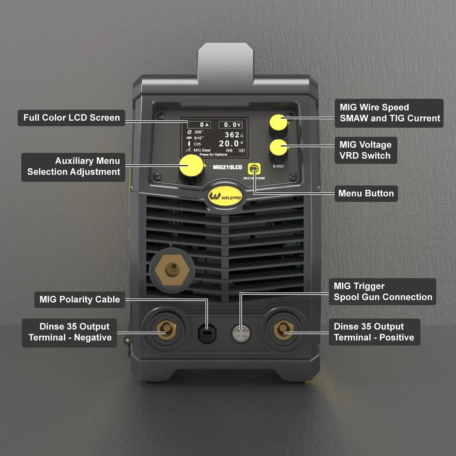 MIG210LCD Dual Voltage 115V/230V 5 in 1 Multi-Process MIG/Fluxcore/DC Lift TIG/Stick Welder Aluminum Spool Gun Capable