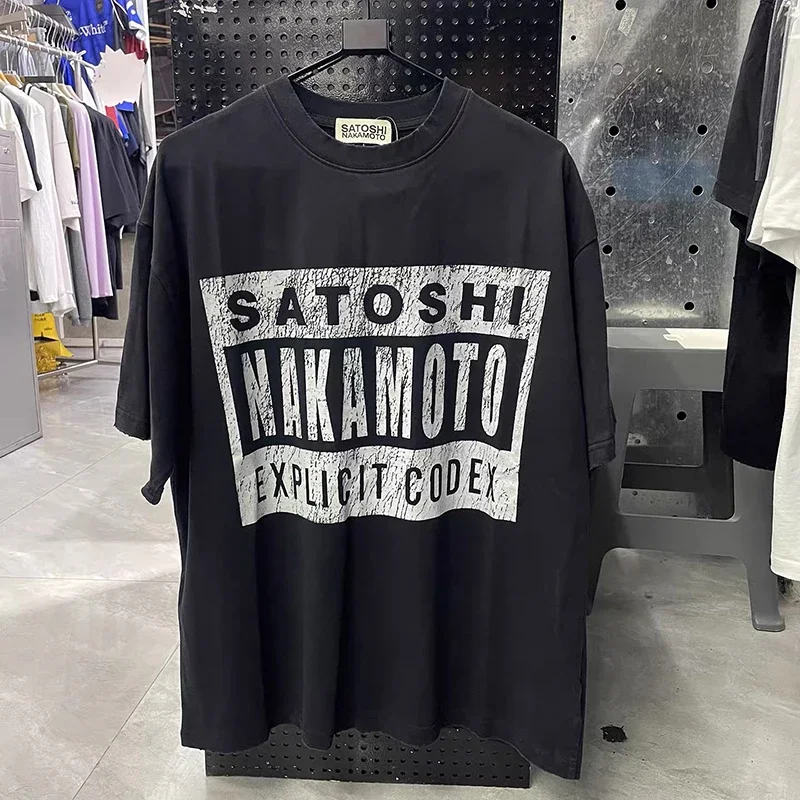 Summer Retro Washing Tshirt Men Women Letter Printing Short Sleeve Lovers Satoshi High Quality Tee