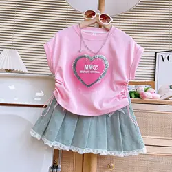 Girls' Summer New Clothing Set Fashion Sequin Love Casual Short Sleeved Top+lace Denim Skirt Children Clothes Suit