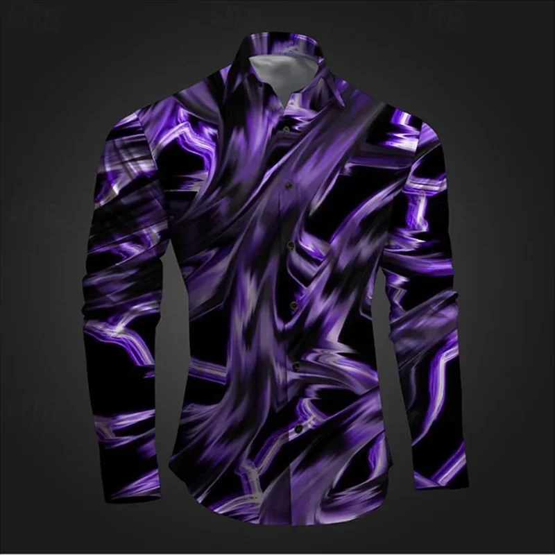 

2024 new long sleeved shirt 3D printed line pattern holiday party men's shirt long sleeved top fashionable casual lapel cardigan