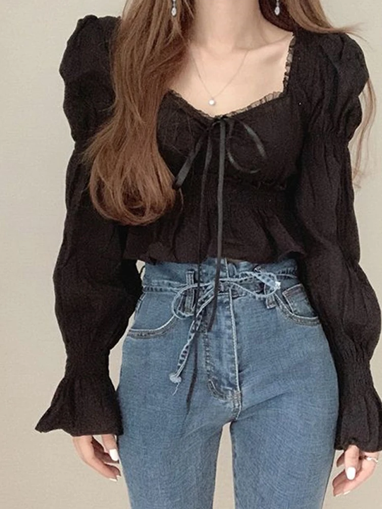 Csa de mujer de rets de encaje con diseño coreano, manga corta y larga, estilo informal, Color puro, moda para ir al tr...