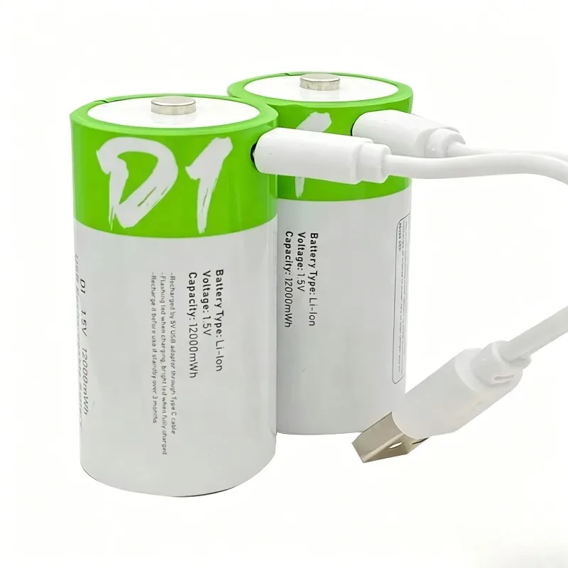 For Gas Stove/Water Heater/Flashlight D Size LR20 1.5V 12000mWh Rechargeable Lithium Battery with Type-C Charging Cable