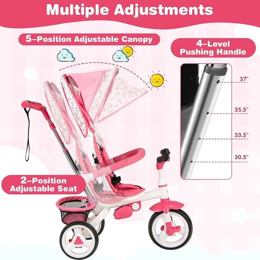 Tricycle pour tout-petits Tricycle 6 en 1 avec poignée Parent, harnais de sécurité de rangement Capy réglable et freins de roue Tricycle Push pour bébé S