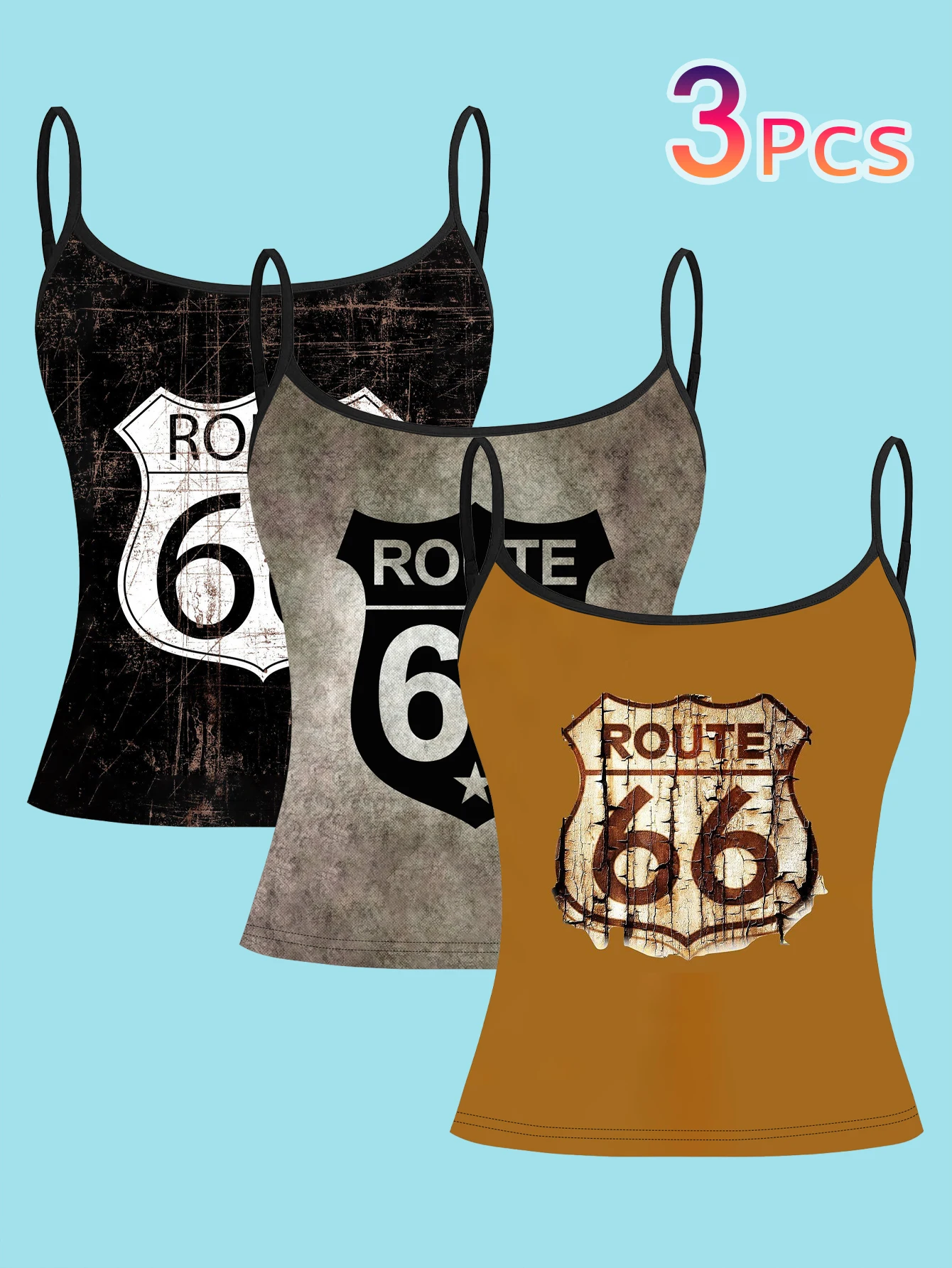 3-Piece Set of American Vintage Route 66 Distressed Print Camisoles, Y2K Style Slim-Fit Tank Tops for Layering or Wearing Alone