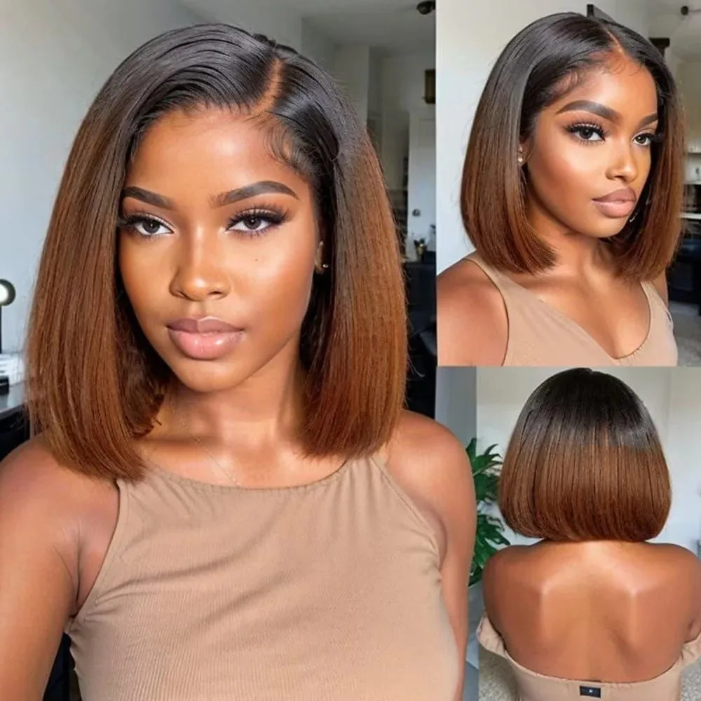 Bob Hair Soft Chocolate Brown Natural Synthetic Wig with Black Roots Short Glueless Wig 13*4 Good Quality High Temperature Silk