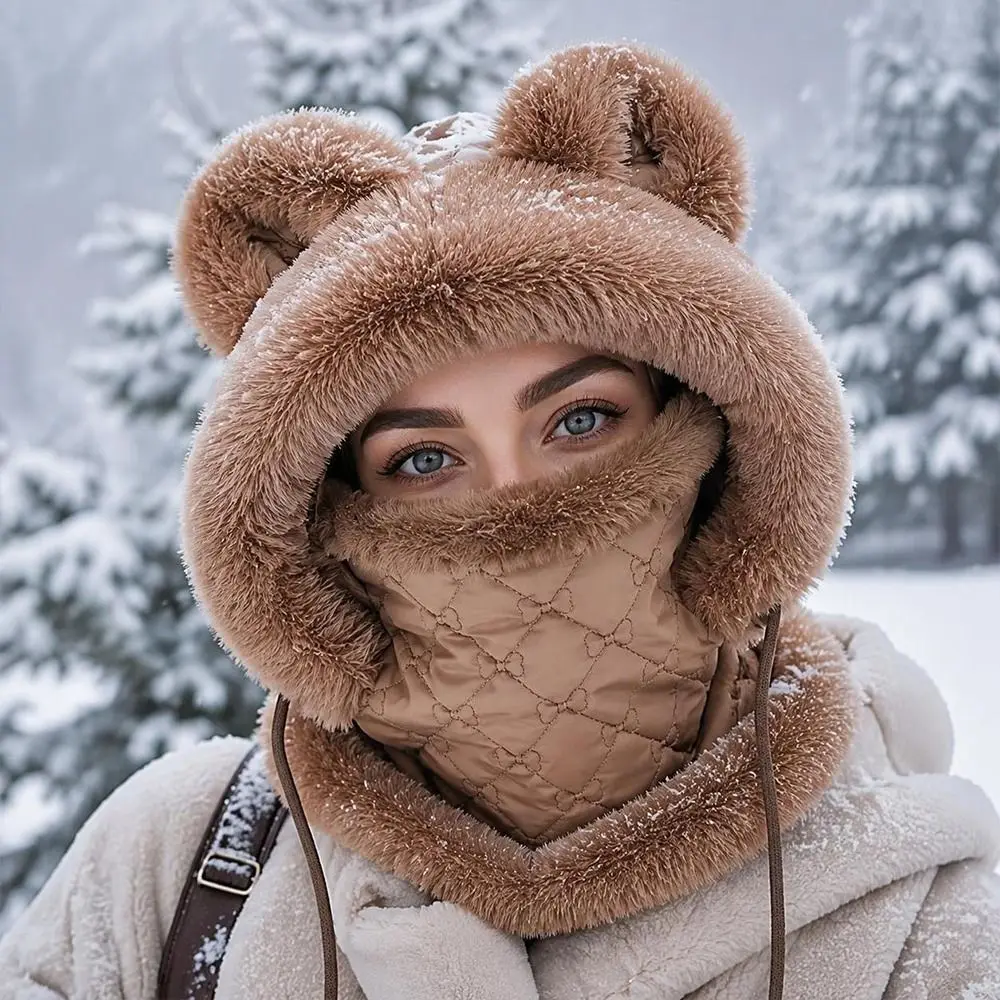 Windproof Winter Balaclava Hat Zipper Closure Faux Fur Trim Full Face Neck Warmer Full Face Coverage Thick Fleece Lining