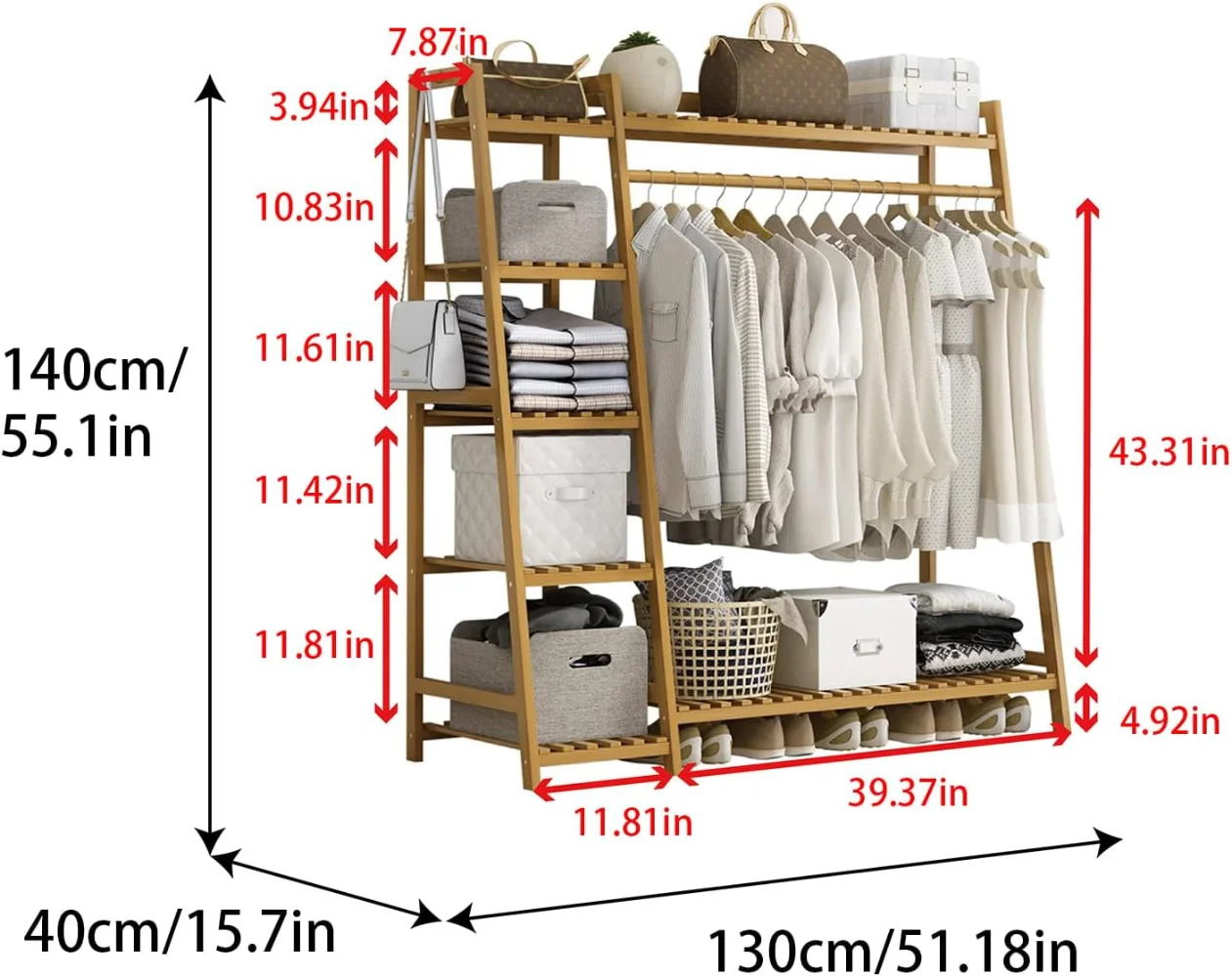 Bamboo Clothing Garment Rack 7 Tier Storage Shelf Coat Clothes Hanging Rack, Portable Wardrobe Closet Organizer With Top Shelf