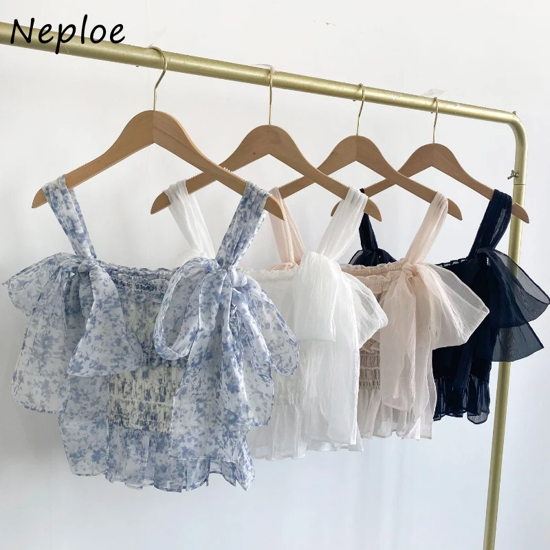 Neploe New Summer Square Collar Sleeveless Sweet Shirt Print Lace Up Casual All-match Bow Blouses Japan Voile Ruched Sling Top