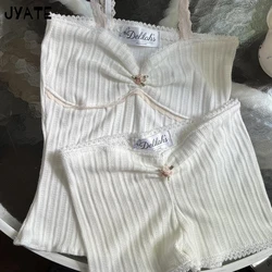 Sweet Lace Trim White Tank Top+Slim Chic Shorts Women New Cotton Knit Simple Casual Short Set Vintage Cute Sexy 2 piece Sets Y2K