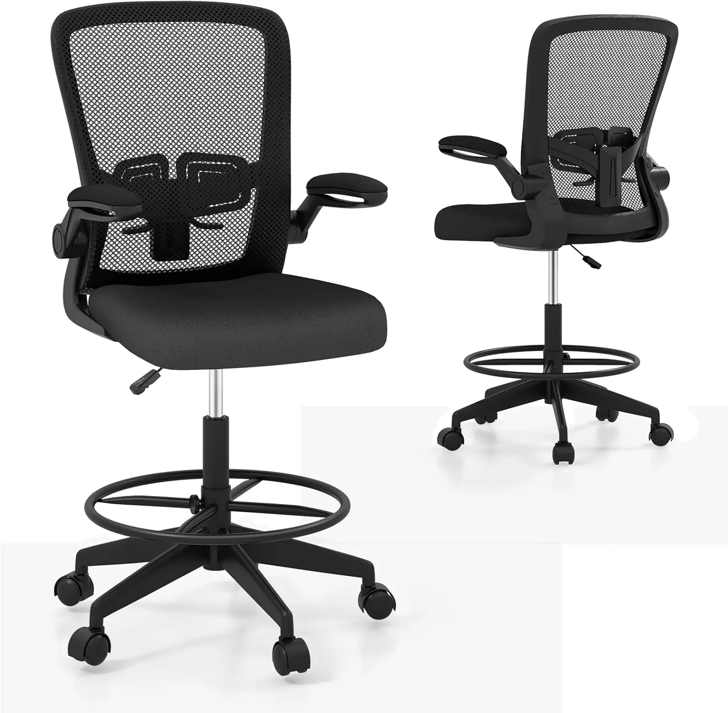 

Drafting Chair, Adjustable Height Standing Desk Chair With Armrest, Footrest Ring And Lumbar Support, Tall Office Chair