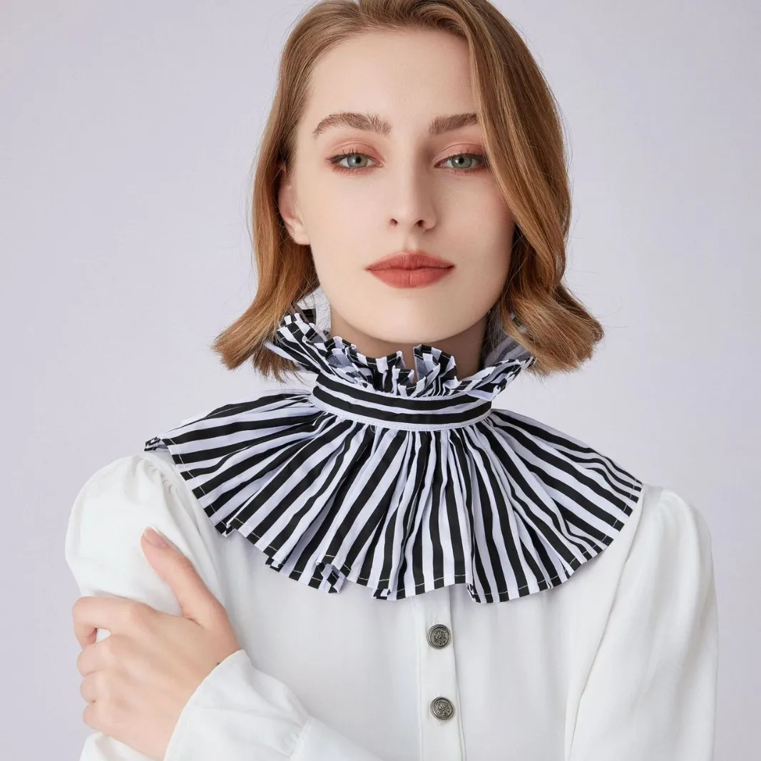 French Style Black White Striped Tie High Neck False Collar Vintage Ruffled Doll Collar Neckwear for Women view 4