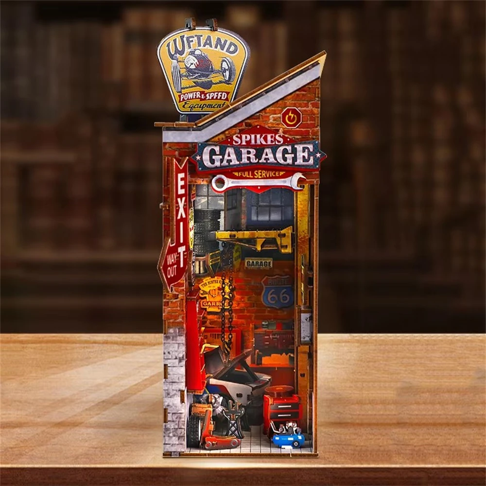 

NEW Retro Spikes Garage DIY Wooden Book Nook Figurines Miniature Kits Bookshelf Home Bookend Decoration For Adult Handmade Gifts
