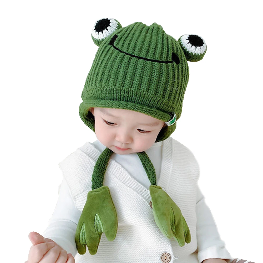 

Kids Knitted Beanie Hat Cute Frog Hats Lined Plush Earflap Cape Autumn Winter Warm Hat for Boys Girls