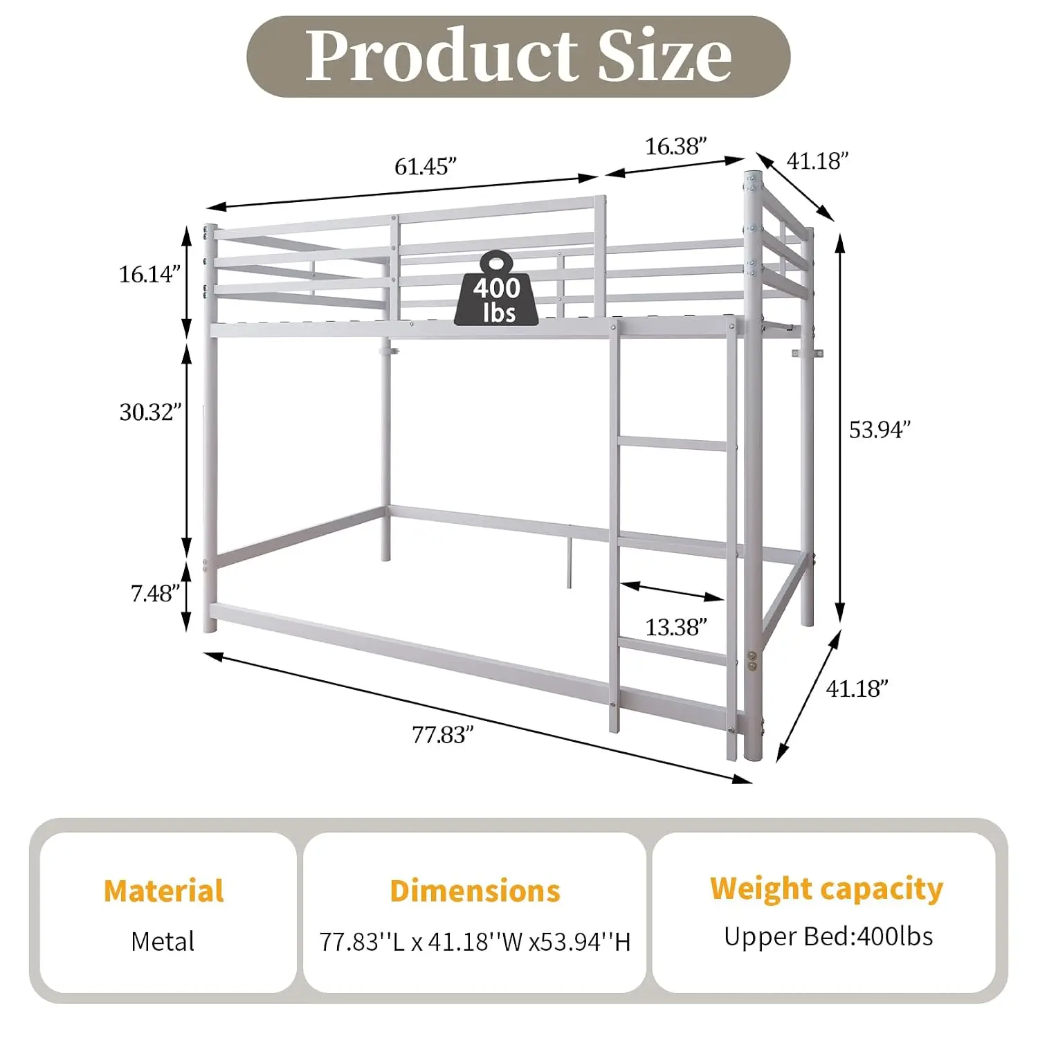 Twin Metal Loft Bed with Four Lower Connecting Rails, Ladder and 16.14 in. Guardrails, 400 lbs Capacity, 19 Slats, No Box Spring