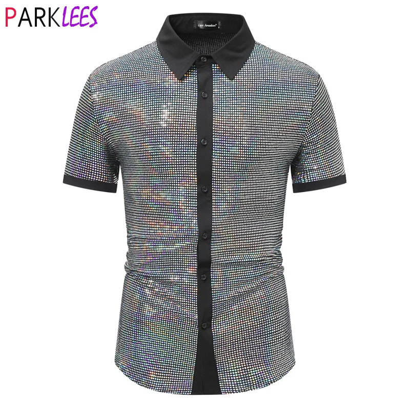 Silver Sequin Dazzling Mens Dress Shirts 2024 Brand New Short Sleeve Party Shirt Men Casual Nightclub Party Chemise Homme XXL