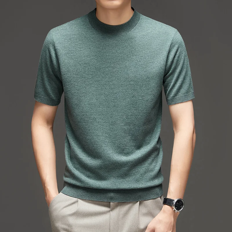 

Mens 100% Sheep Wool Tee Shirts 2023 Spring Casual O-Neck Pure Wool Knit Tops Male Short Sleeve Thin Knitwear Pullovers