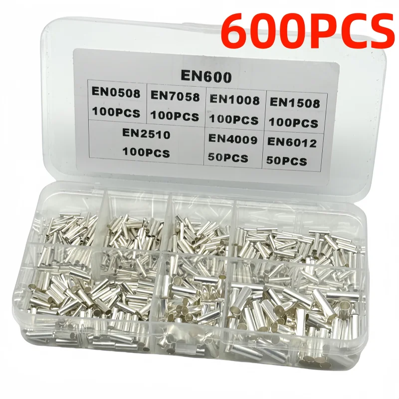 600PCS Tin-coated Copper Uninsulated Terminal Bootlace Ferrules Cord End Electrical Cable Crimp Connector For 0.5-6.0mm²