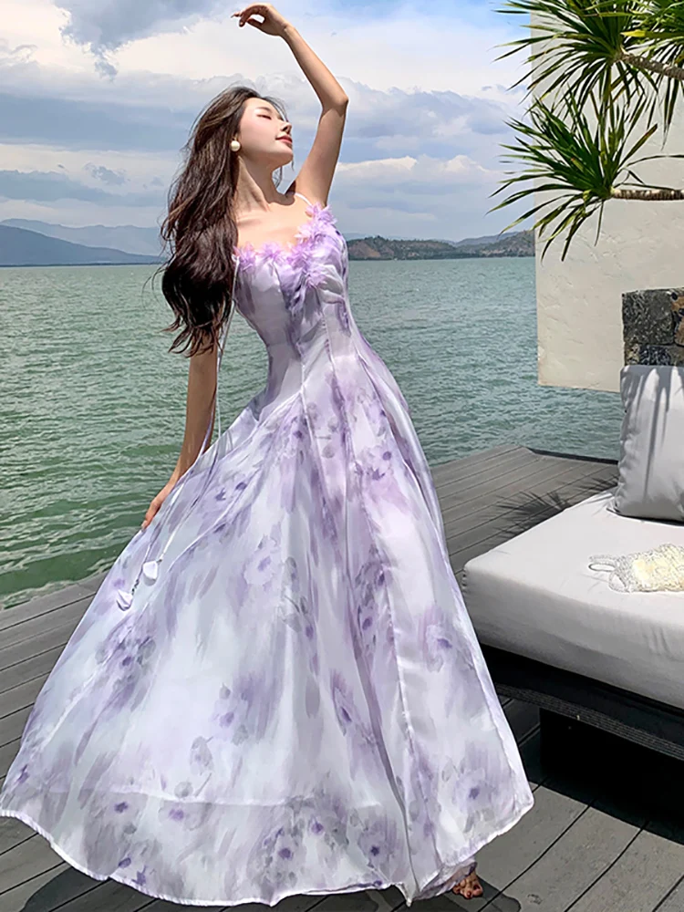 Zomer Boho Paarse Bloemen Chiffon Sling Maxi Jurk Vrouwen Elegante Casual Ruches Prom Dress 2024 Korena Mode Bodycon Vestidos