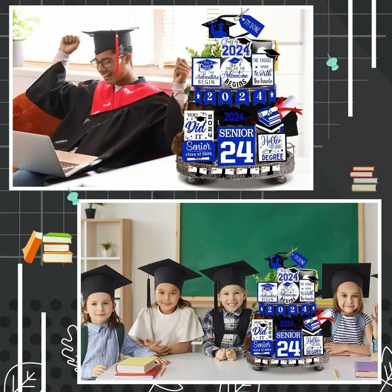 2024 Graduation Tiered Tray Decor 22PCS Graduation Centerpieces Tiered Tray With Graduation Sign Graduation Centerpieces