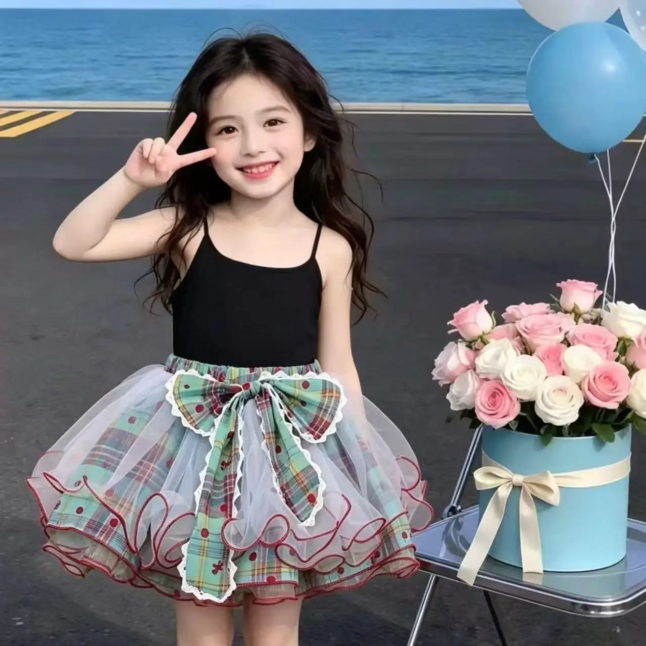 Girls Plaid Skirt Summer New Style Children's Butterfly Knot Bloomer Skirt Baby Girl's Plaid Dress with Bow Skirt 2-7Years