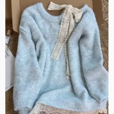 

Светло-голубой женский трикотажный свитер с кружевным подолом и длинными рукавами, средней длины, осенне-зимний, больших размеров, повседневный, комфортный