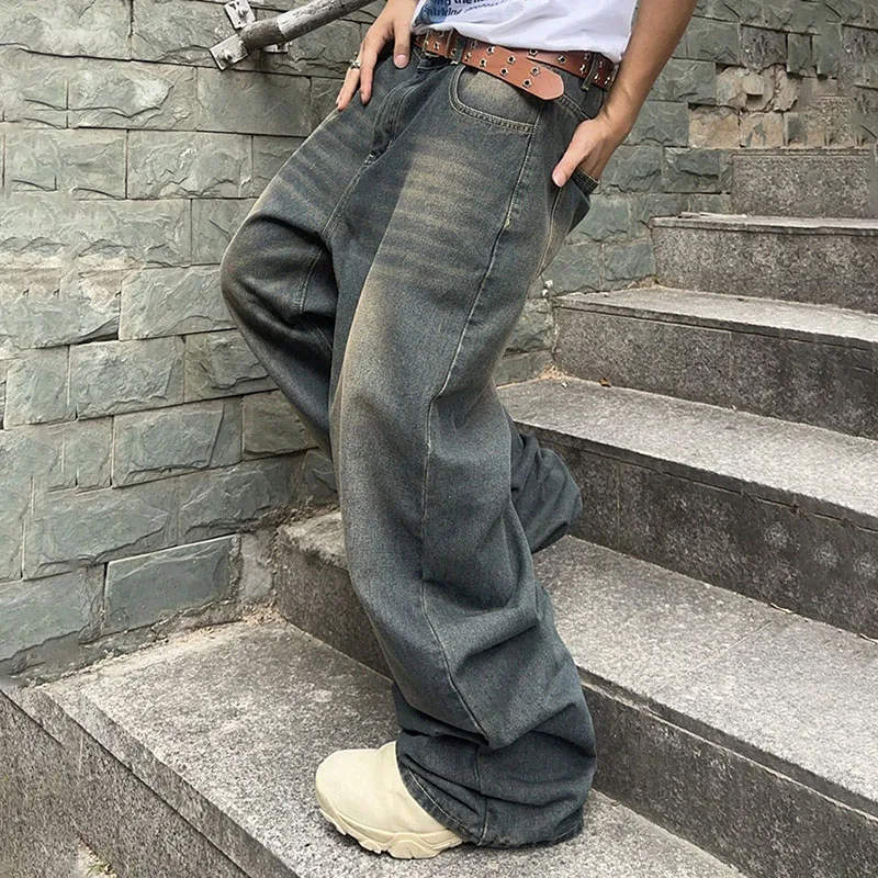 กางเกงยีนส์ทรงตรงสไตล์เรโทรเกาหลีสำหรับผู้ชาย กางเกงยีนส์หลวมๆ สไตล์ลำลอง กางเกงขากว้างสีน้ำเงิน