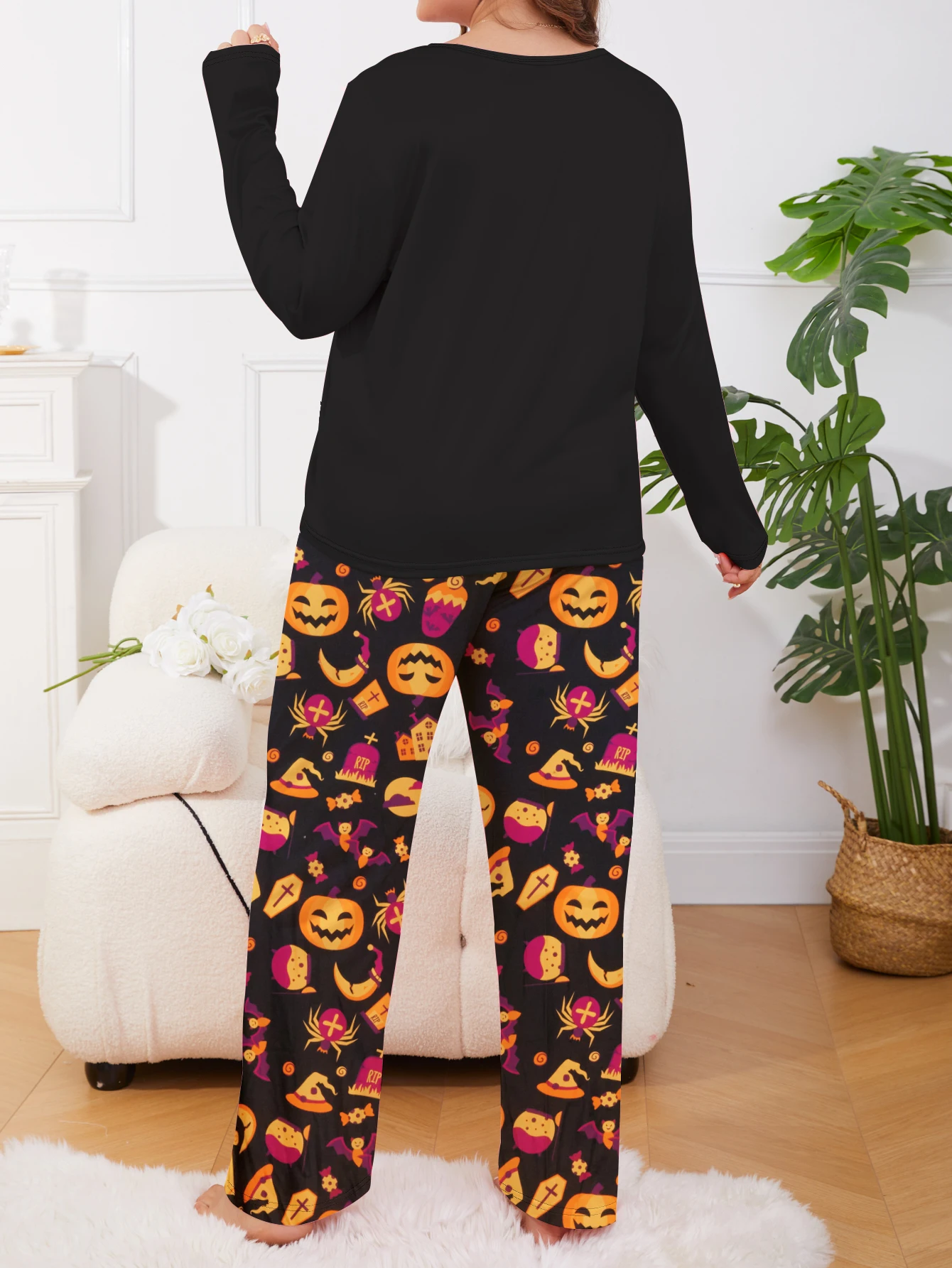 Halloween pumpkin print cute casual plus size women\'s pajamas home clothes T-shirt&pants 2-piece set