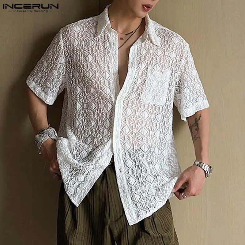 INCERUN Men Shirt Lace Hollow Out Lapel Short Sleeve Men Clothing Summer Transparent Vacation 2024 Loose Streetwear Shirts S-5XL