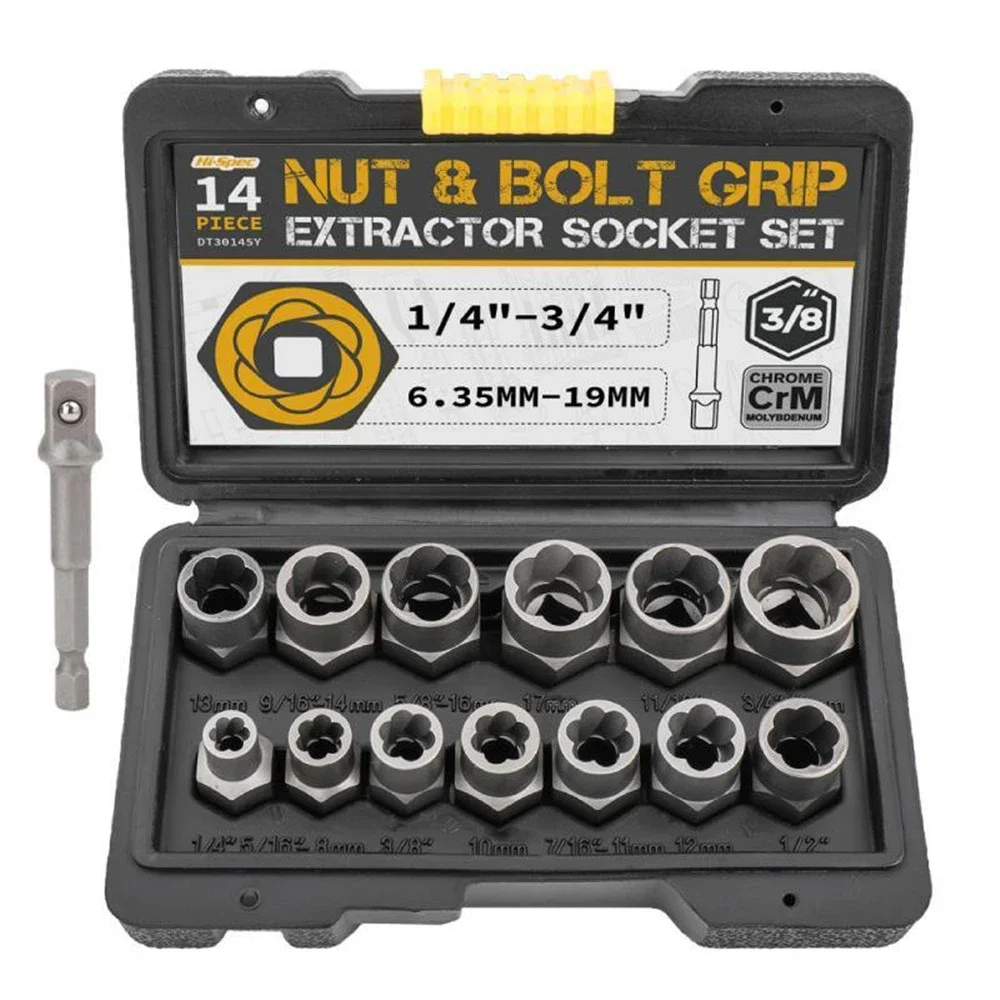 

Impact Bolt Nut Remover Set 14pc Extraction Socket Set, Bolt Extractor Tool Set For Removing Damaged Bolts Nuts Screws Hand Tool