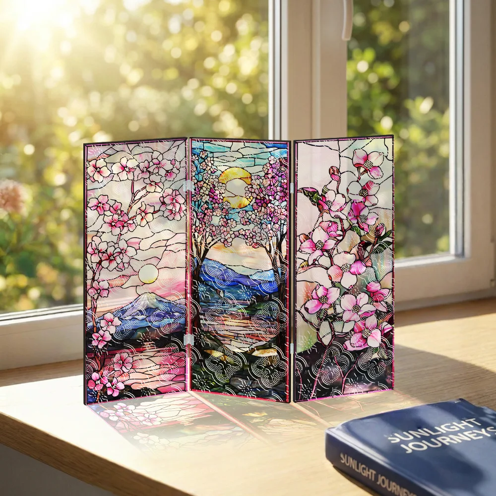 Folding Translucent Acrylic Screen, Painted Pink Floral Decorative Painting Table, Entrance TV Cabinet Gift
