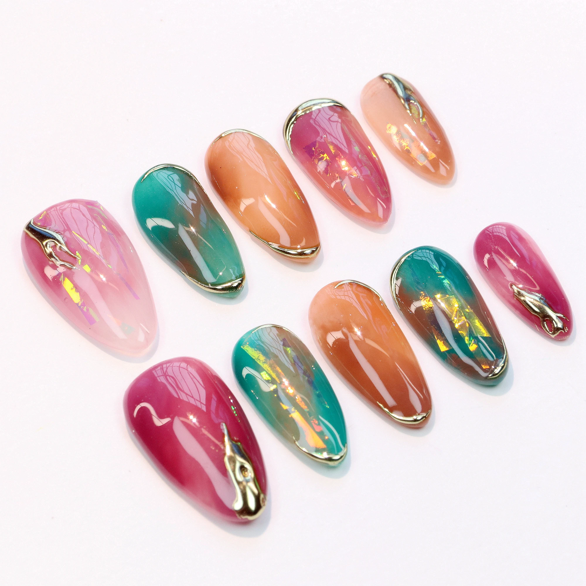 10 szt. Personalizowane, ręcznie malowane, migdałowe, kolorowe żelowe sztuczne paznokcie, luksusowe, ręcznie robione, chromowane złoto, wielokrotnego użytku, gotowe do zakładania paznokcie.