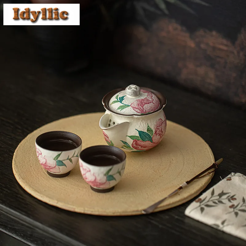 Old Rock Clay Light Makeup Peony Tea Set Complete Set Traditional Tea Ceremony Set Teapot And Tea Cup Set Tableware Ornaments