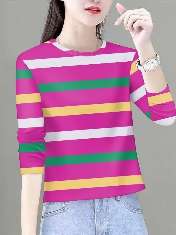

Women's Loose Long Sleeve round Neck T-Shirt Mommy Style Versatile Striped Base Shirt Casual Wear Polyester Fiber Standard Size