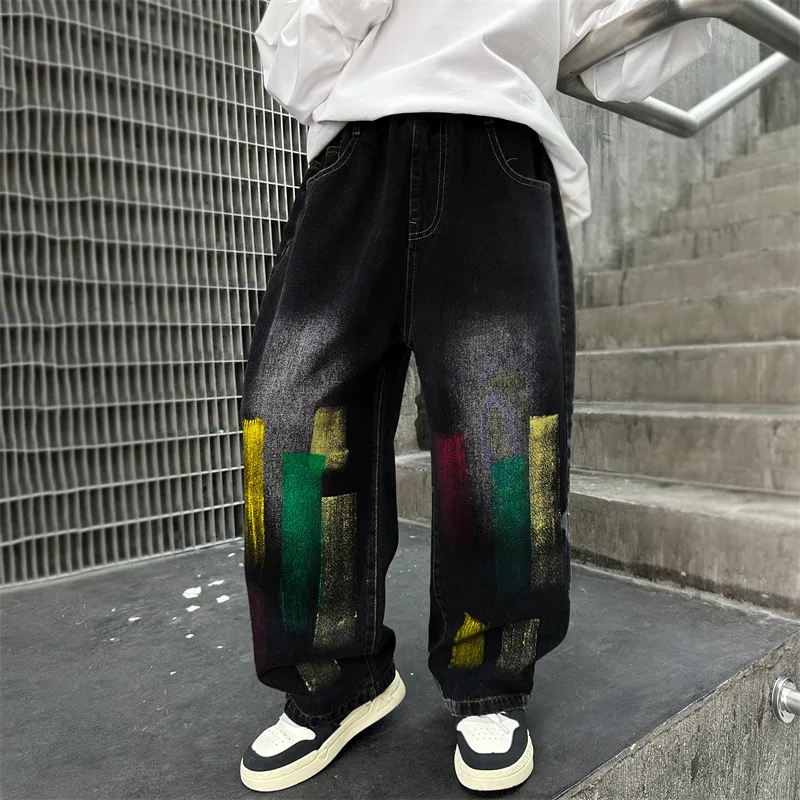 Kids Black Jeans Spring and Autumn Graffiti Paint Children's Straight Pants Loose Boys' Trousers Teenagers Wide-Leg Pants 4-15Y