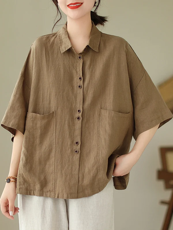 

Casual Cotton Linen irt Summer Brand Tailor Made mid Sve Turn-down Collar Outerwear Top for Women Regular Fit Pure Color