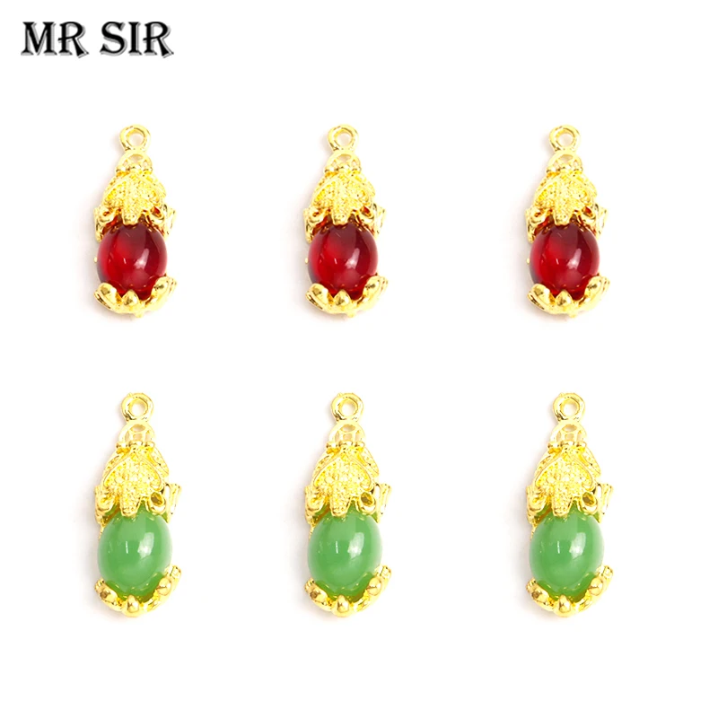 10pcs Gold Plated Alloy Pixiu Chinese Money Lucky Charms Fashion Imitation Jade Glass Pendant for DIY Handmade Jewelry Accessory