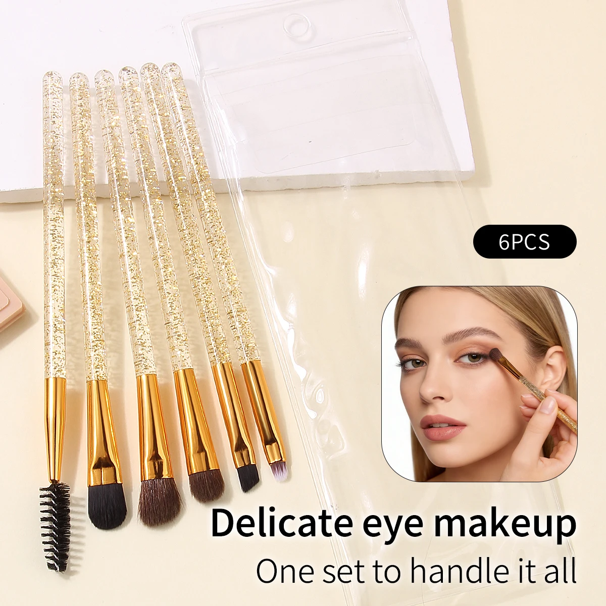 6 Stück goldener Flash-Lidschattenpinsel, Augenbrauenstift, Eyeliner-Pinsel + transparente PVC-Aufbewahrungstasche, Augen-Make-up-Pinsel, Beauty-Tools