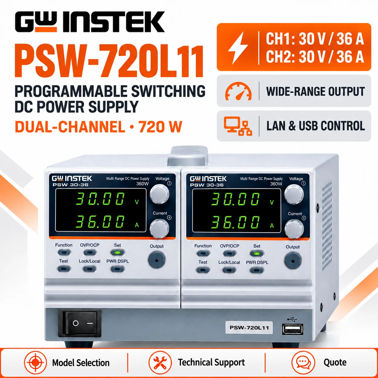 GW Instek PSW-720 720W Dual-Channel Programmable DC Power Supply, Wide-Range Output, LAN USB, PSW-720L11 PSW-720H66