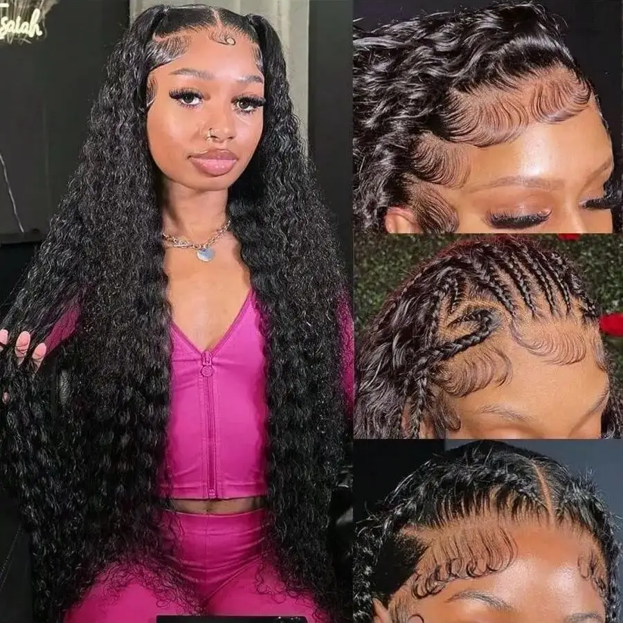 Pelucas frontales de encaje de onda profunda de 40 pulgadas 13x4 cabello humano prearrancado con pelo de bebé pelucas de cabello humano rizado de encaje transparente 200%