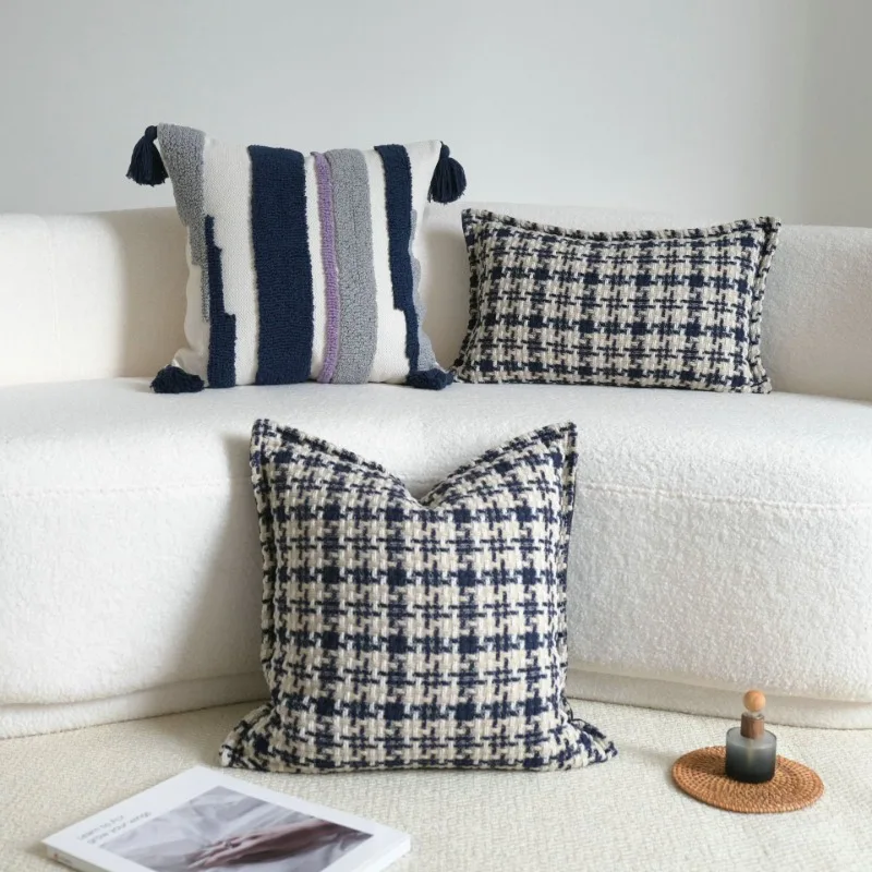 Blue Knitted Crimped Pillowcase Lumbar Pillow Case Living Room Sofa Cushion Cover Model House Cushion Cover Mediterranean Style