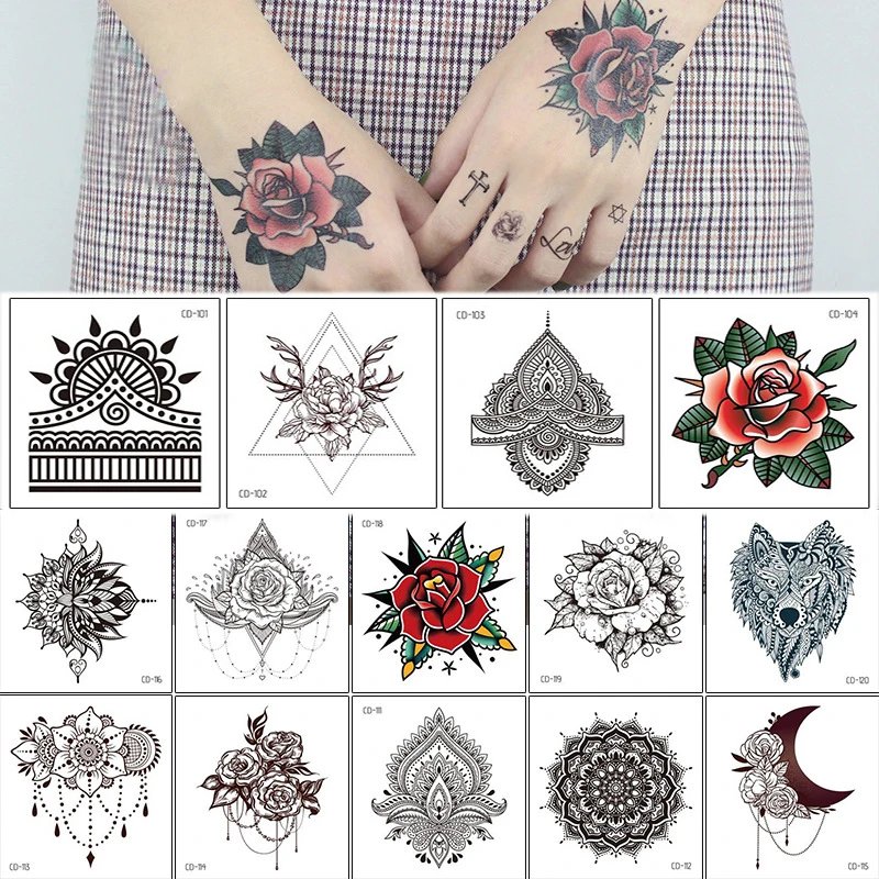 

Fashion Temporary Tattoos Sticker Rose Flower Beauty Tattoo Black White Waterproof Fake Tattoo Easy To Use Women Man Body Art