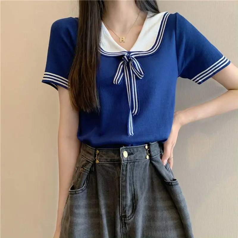 Sweet Harajuku Aesthetics Korean Top Girl Y2K Vintage Streetwear Patchwork Sailor Collar Short Sleeve Clothing T Shirt Blue Tee