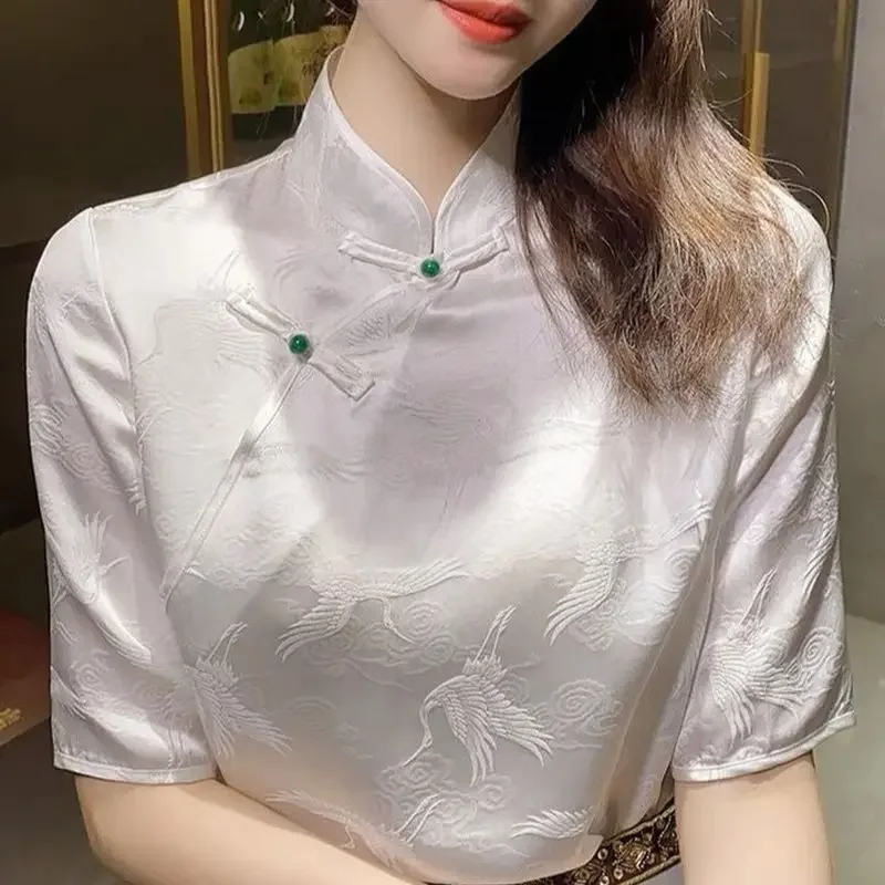 Retro Stand Collar Improved Cheongsam Shirt Women's 2022 Summer New Chinese Style Court Style Crane Buckle Top White T-Shirt