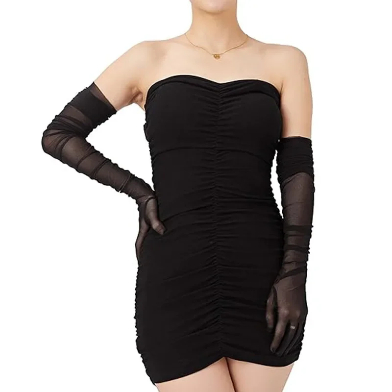 1-teilige einfarbige sexy transparente Damenhandschuhe, extra lange Mesh-Chiffon-Handschuhe, Oper, Halloween, Kostüm, Party, Tanzhandschuh