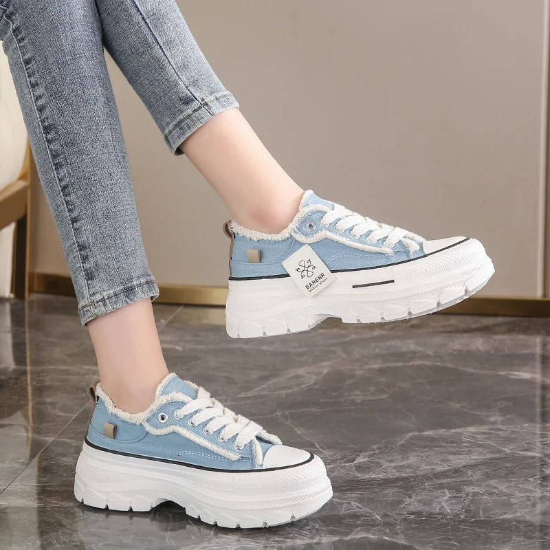 Crlaydk Zomer Nieuwe Dames Canvas Platform Chunky Schoenen Lage Top Platform Mode Casual Sneakers Wedge Dames Wandelen Tennis