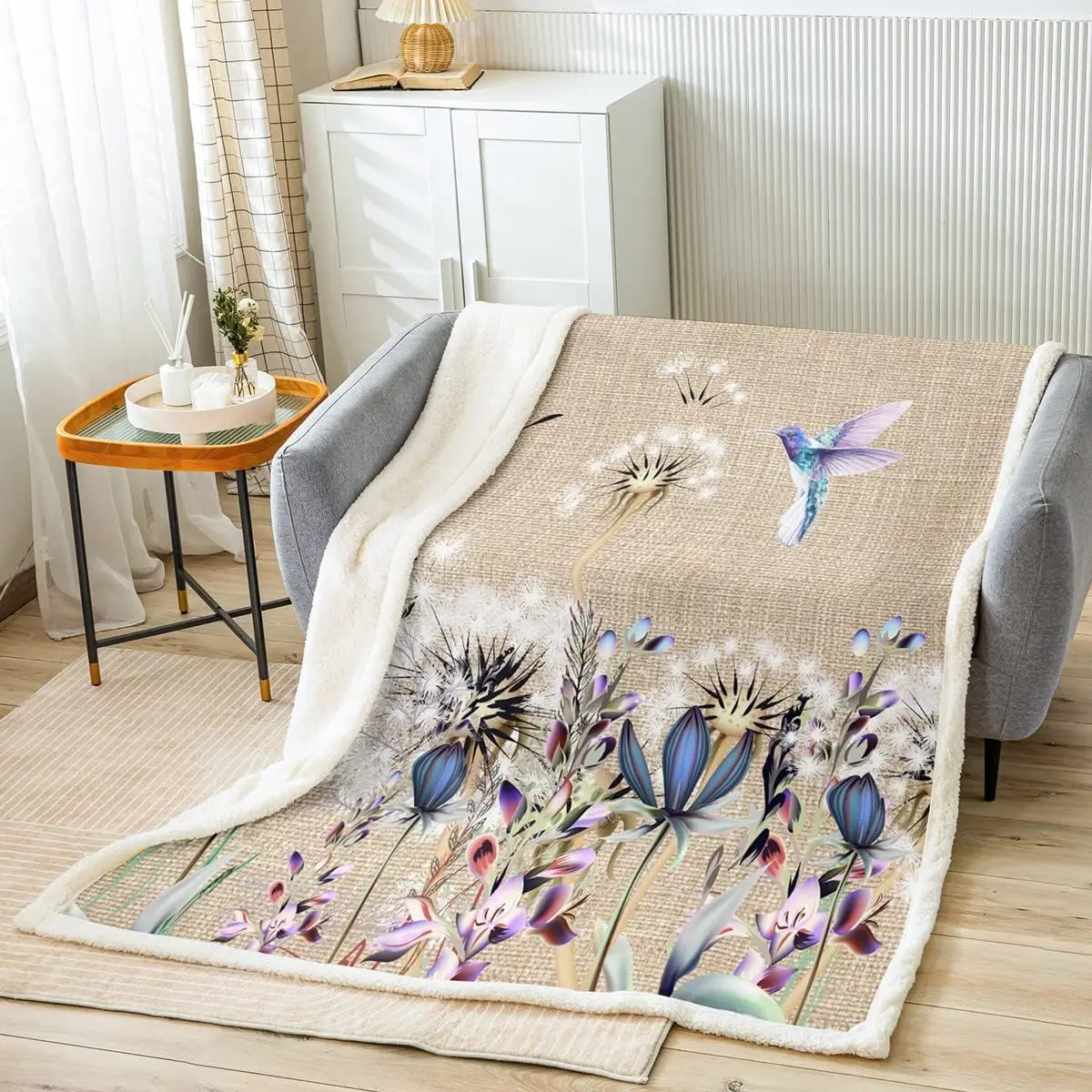 Dandelion Throw Blanket Flying Bird Flower Bed Blanket for Kid Boy Girls Room Decor, Botanical Floral Print Blanket for