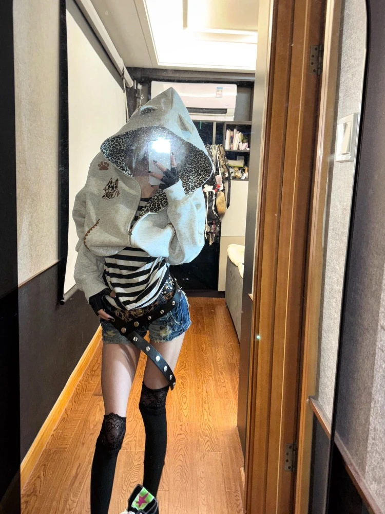 

American Vintage Outwear Zipper Cartton Pattern Long Sleeve Pure Color Fashion Pocket Leopord Lazay Style Hooded Woamn Autumn