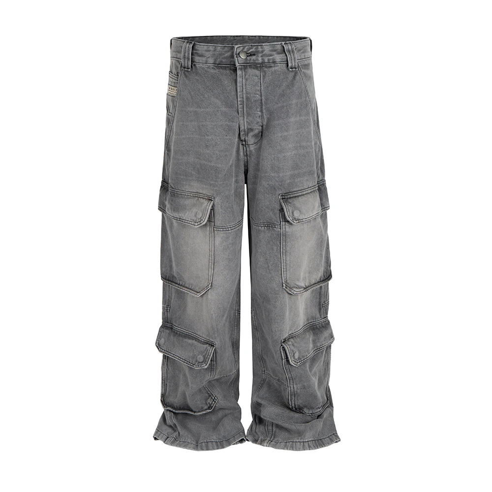 

High Street Multi-pockets Washed Cargo Jeans Pants for Men and Women Straight Vintage Loose Casual Denim Trousers Oversized