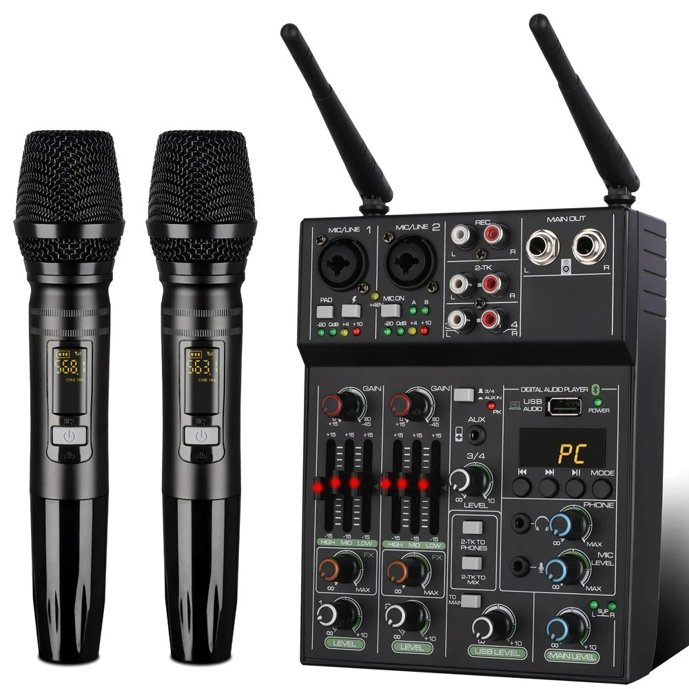 

4 Channel Audio Mixer MX-R42 USB with Wireless Microphone Studio Sound Mixers with Bluetooth REC DJ Console Mixing for Karaoke