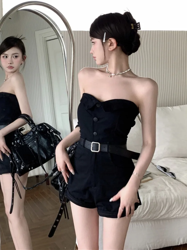 Black One Shoulder Strapless Jumpsuit Women Summer New Hottie Temperament Casual Tube Top High Waist Slim Wide Leg Shorts